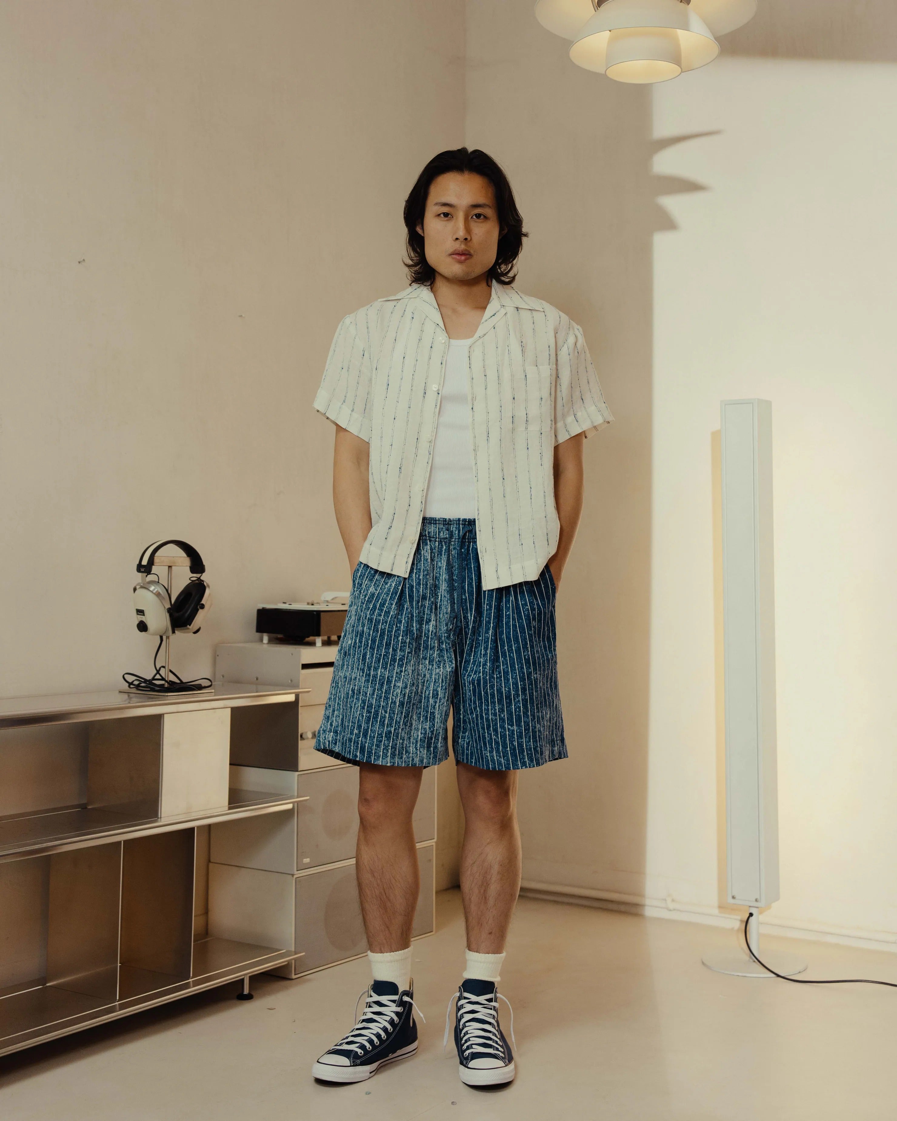 YANGI - Distressed Stripe Denim Short