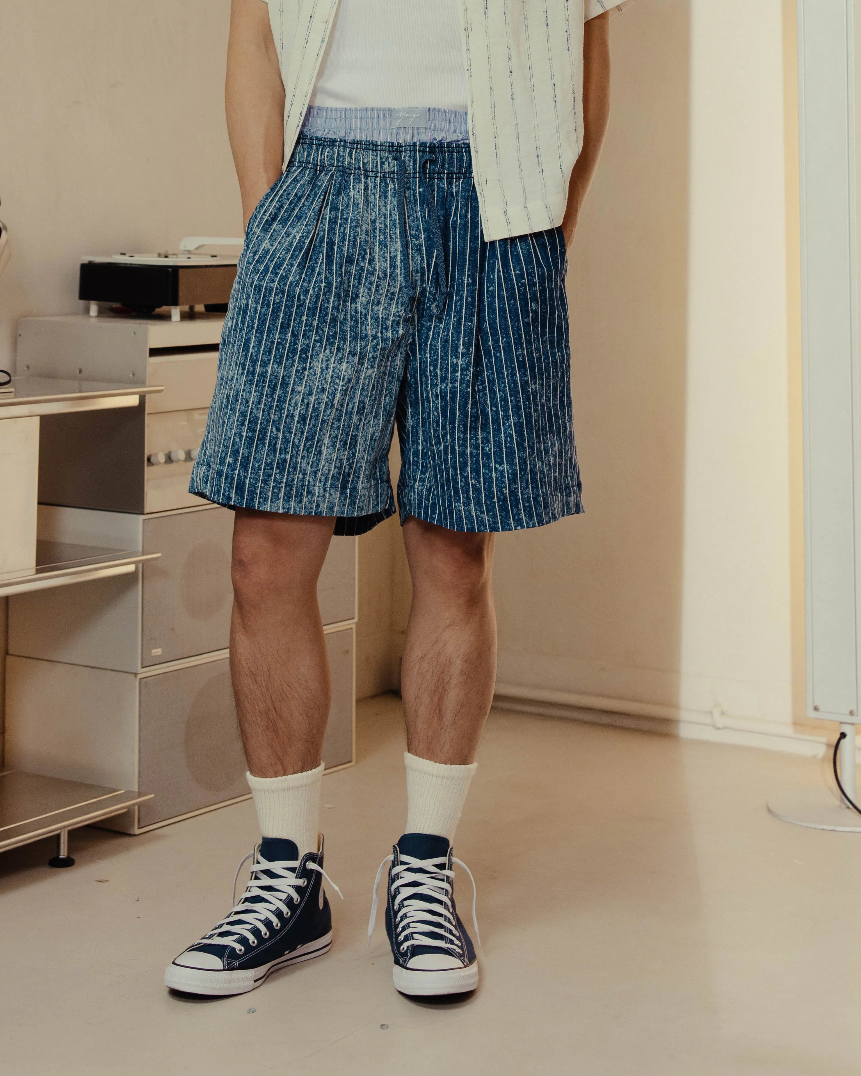 YANGI - Distressed Stripe Denim Short