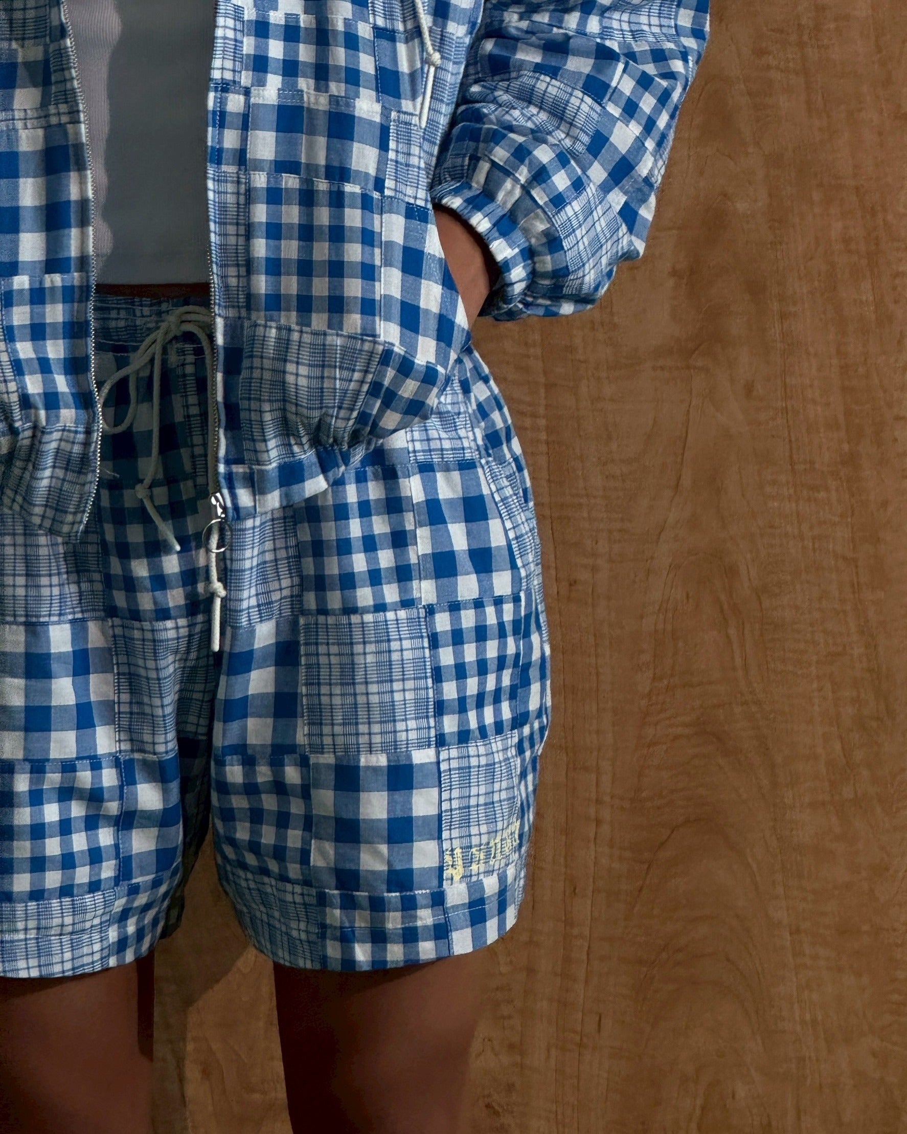 YANGI - Quilt Panel Shorts / Blue Gingham & Multicolor Madras