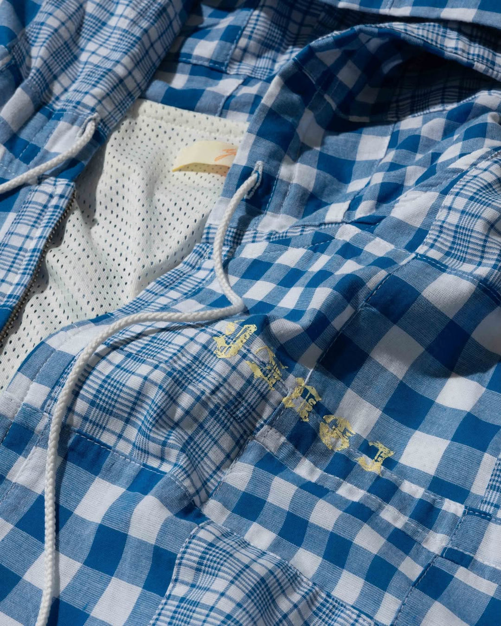 YANGI - Quilt Panel Hoodie Jacket / Multicolor Madras & Blue Gingham