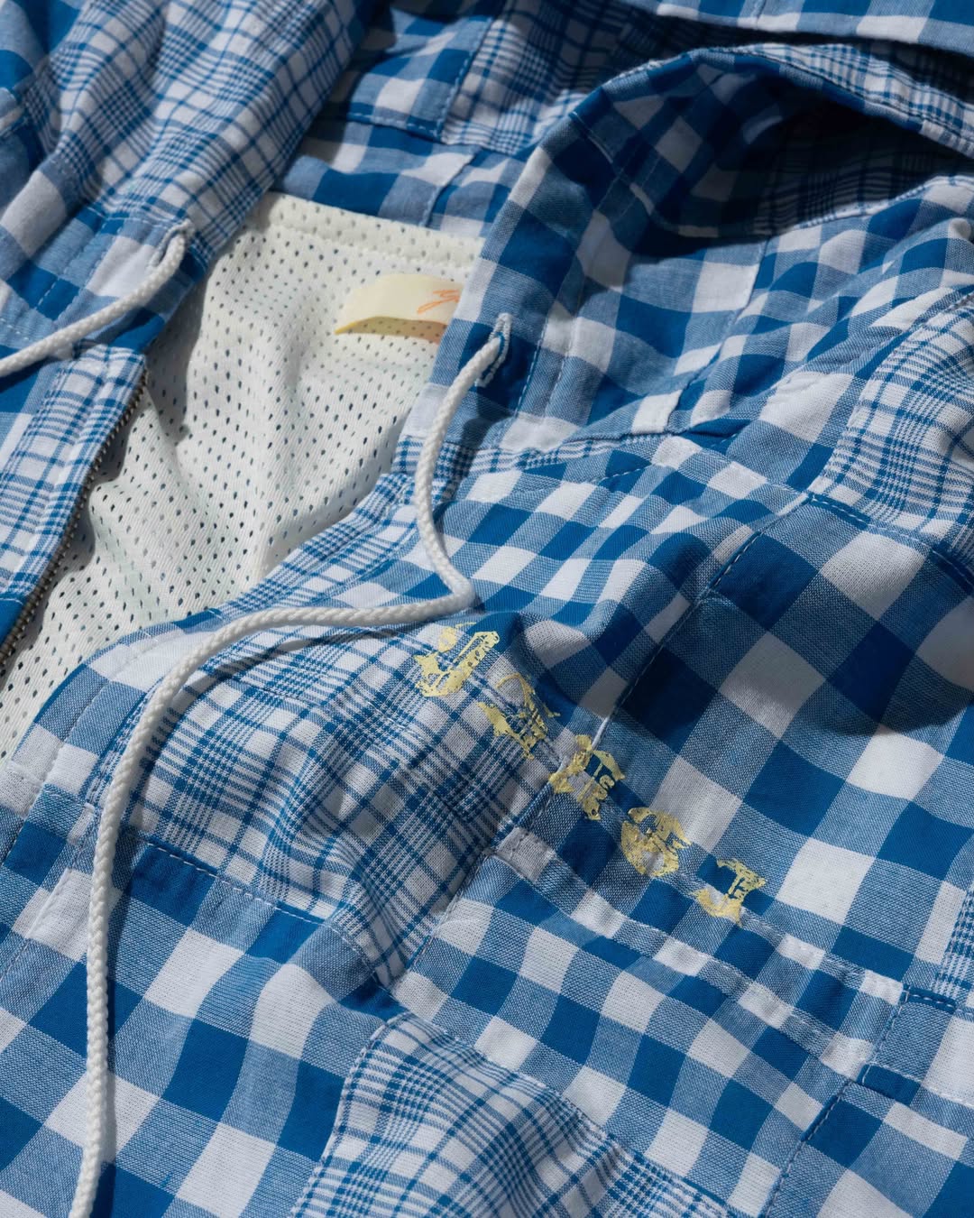 YANGI - Quilt Panel Hoodie Jacket / Multicolor Madras & Blue Gingham