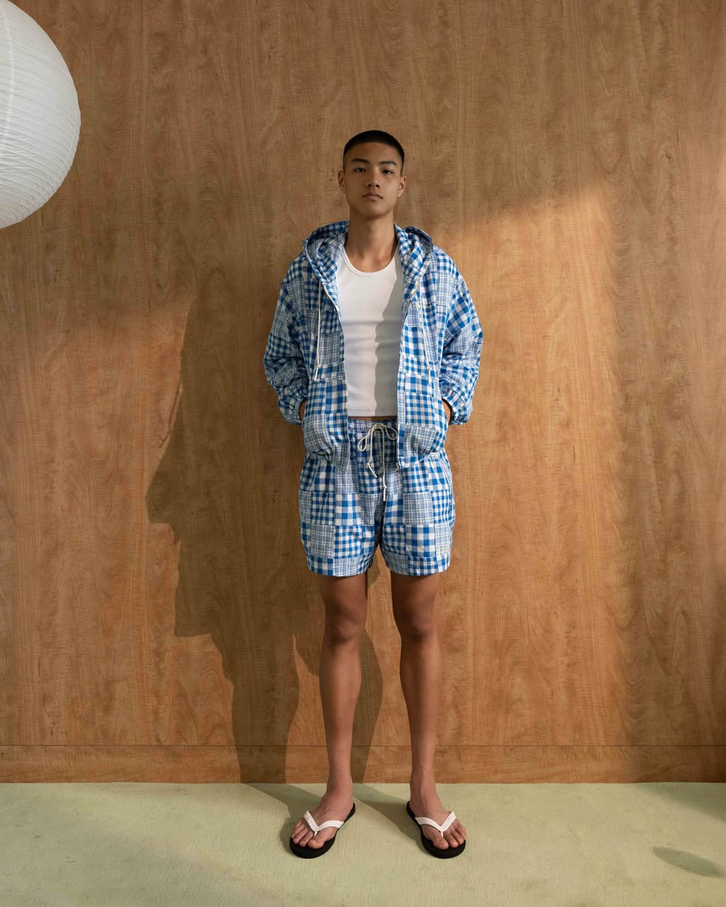 YANGI - Quilt Panel Hoodie Jacket / Multicolor Madras & Blue Gingham