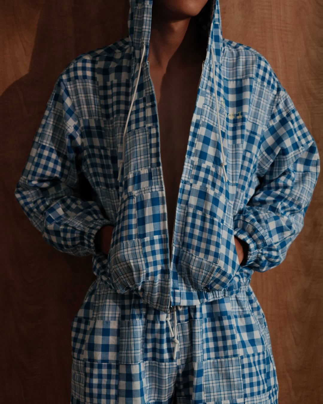 YANGI - Quilt Panel Hoodie Jacket / Multicolor Madras & Blue Gingham