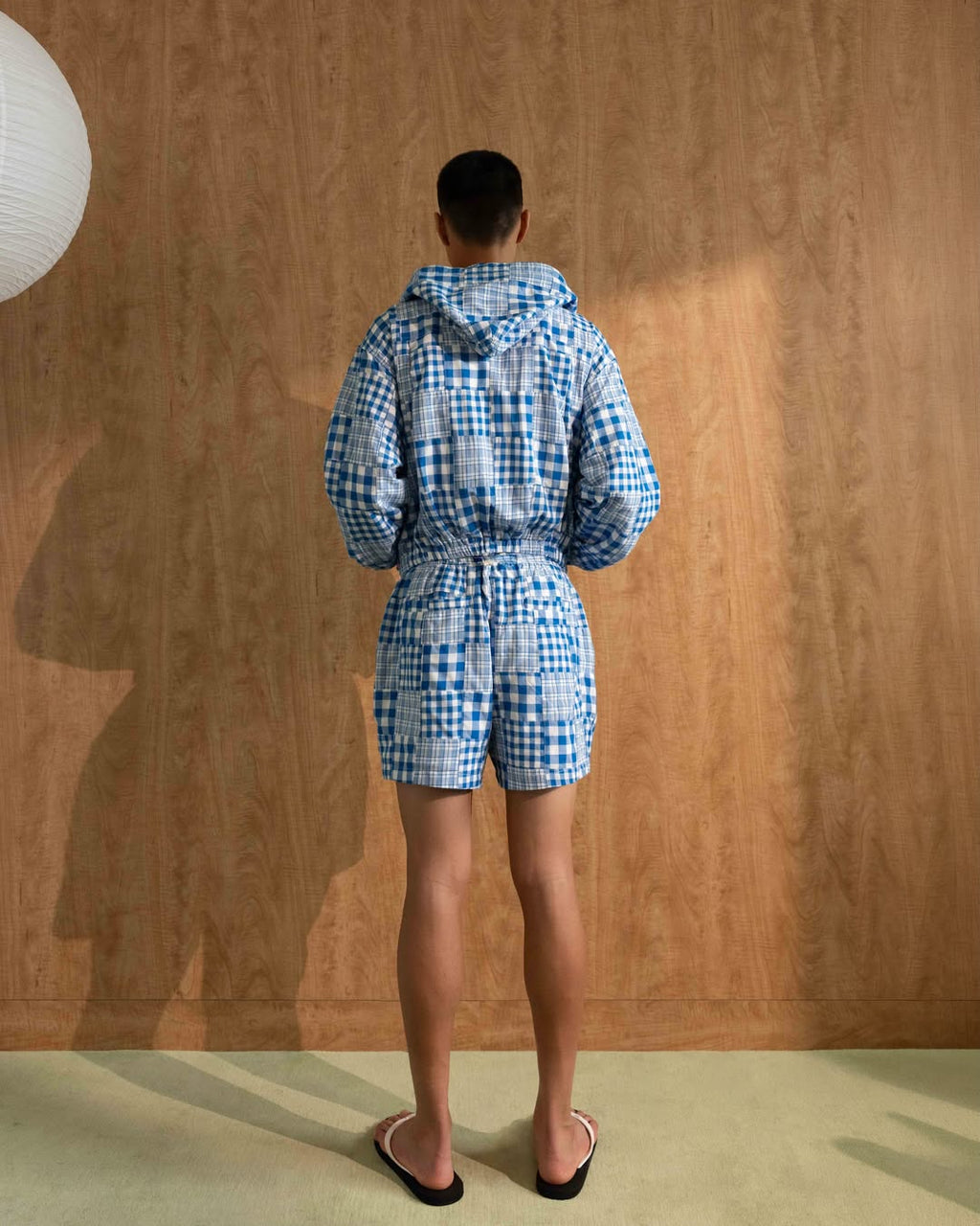 YANGI - Quilt Panel Hoodie Jacket / Multicolor Madras & Blue Gingham