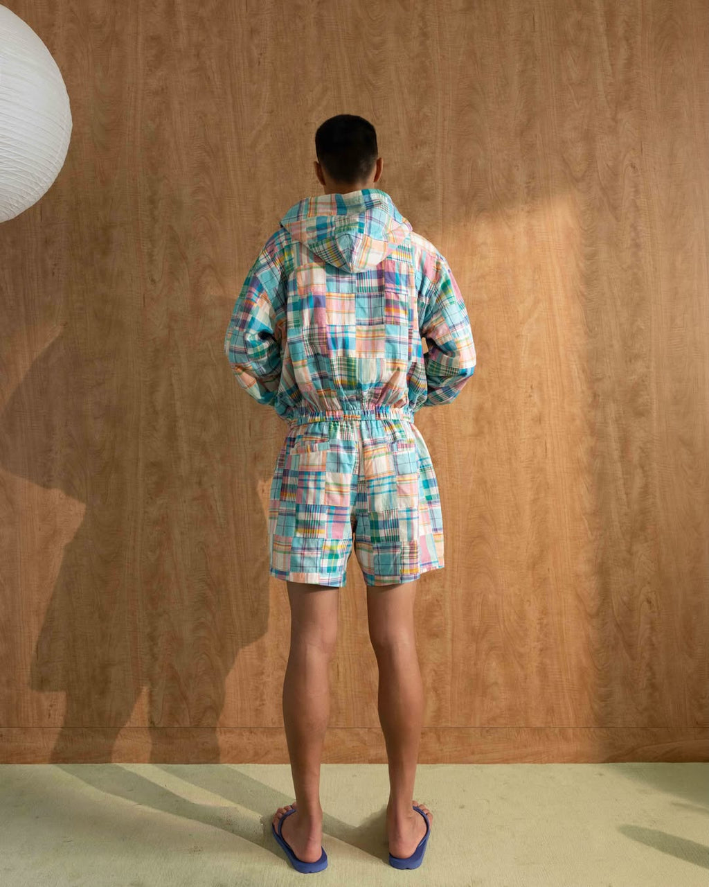 YANGI - Quilt Panel Hoodie Jacket / Multicolor Madras & Blue Gingham