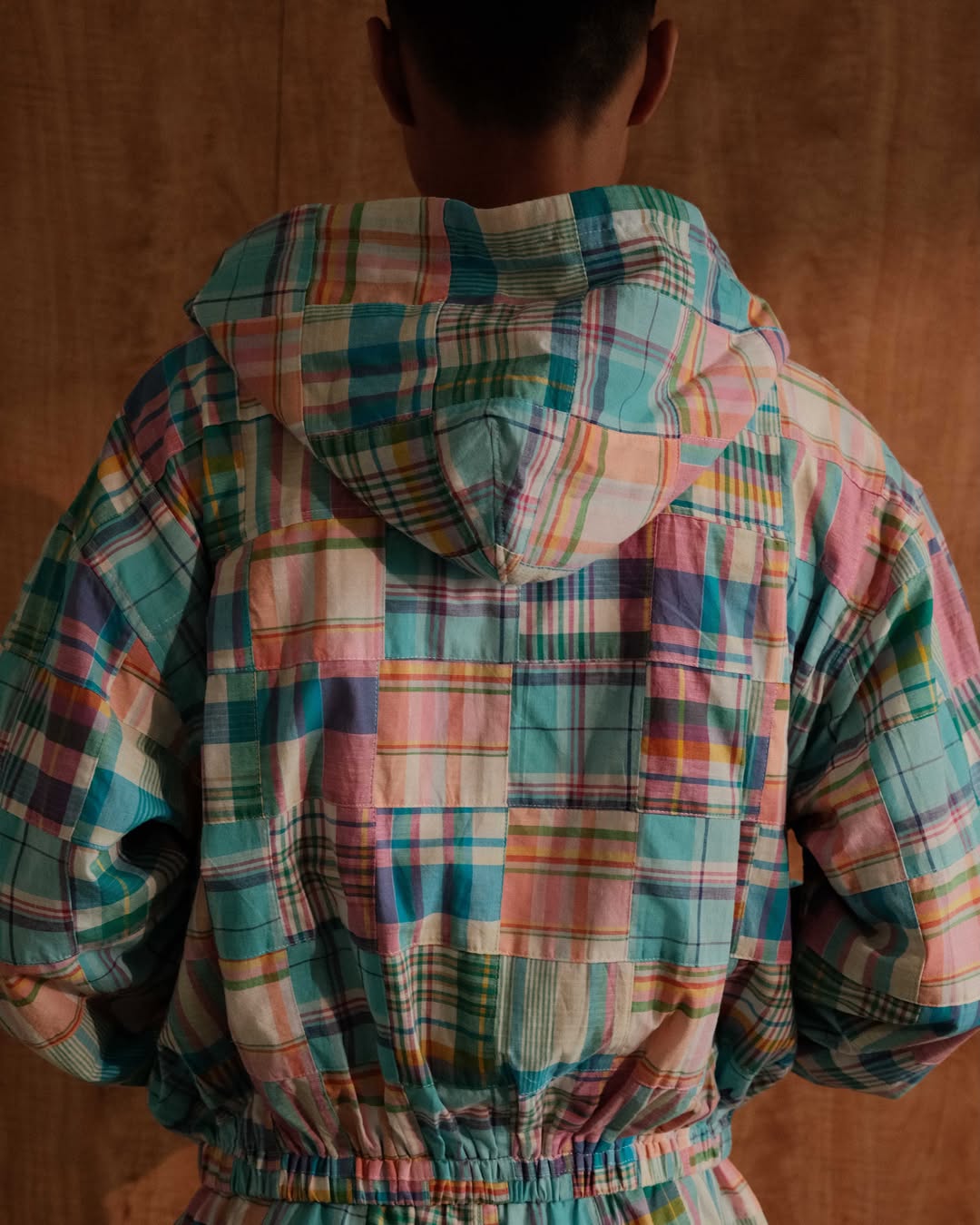 YANGI - Quilt Panel Hoodie Jacket / Multicolor Madras & Blue Gingham