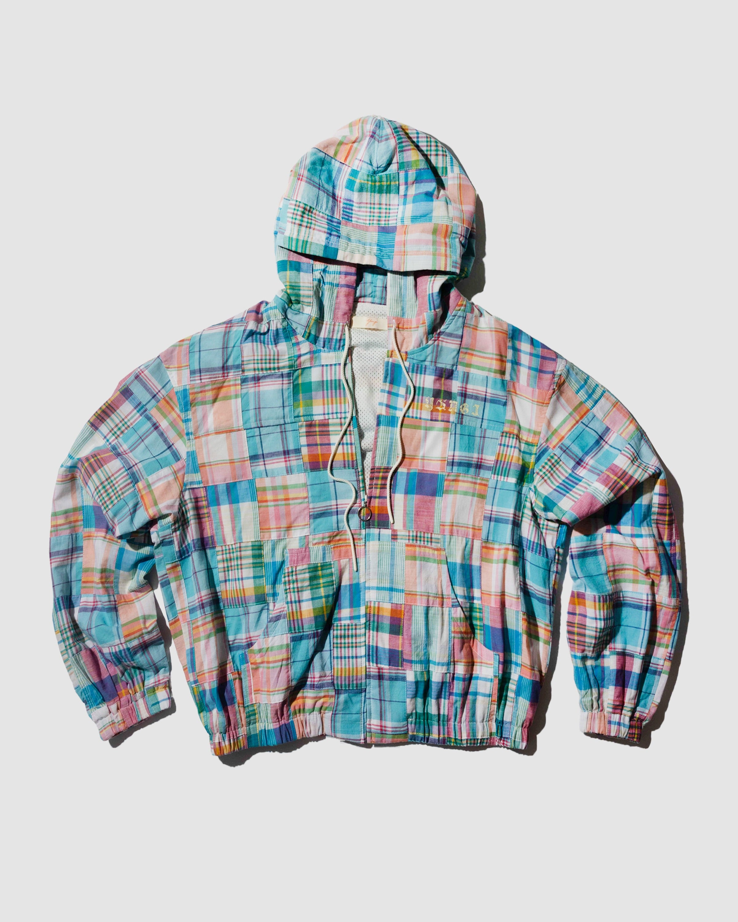 YANGI - Quilt Panel Hoodie Jacket / Multicolor Madras & Blue Gingham