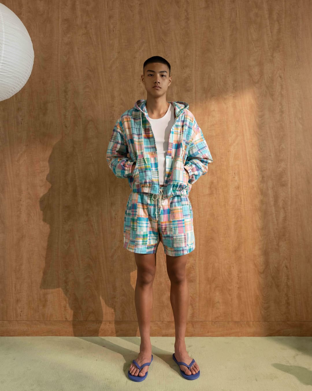 YANGI - Quilt Panel Hoodie Jacket / Multicolor Madras & Blue Gingham