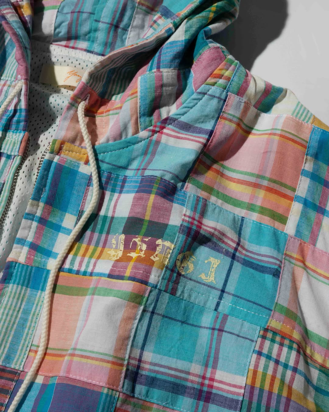 YANGI - Quilt Panel Hoodie Jacket / Multicolor Madras & Blue Gingham