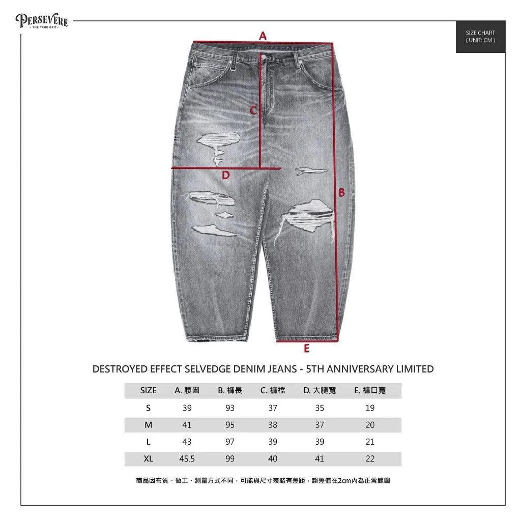 PERSEVERE DESTROYED EFFECT SELVEDGE DENIM JEANS