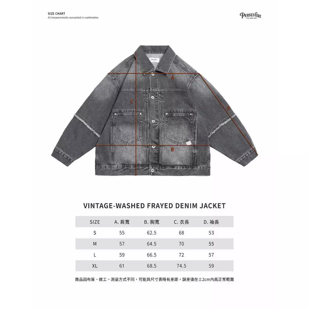 PERSEVERE VINTAGE-WASHED FRAYED DENIM JACKET
